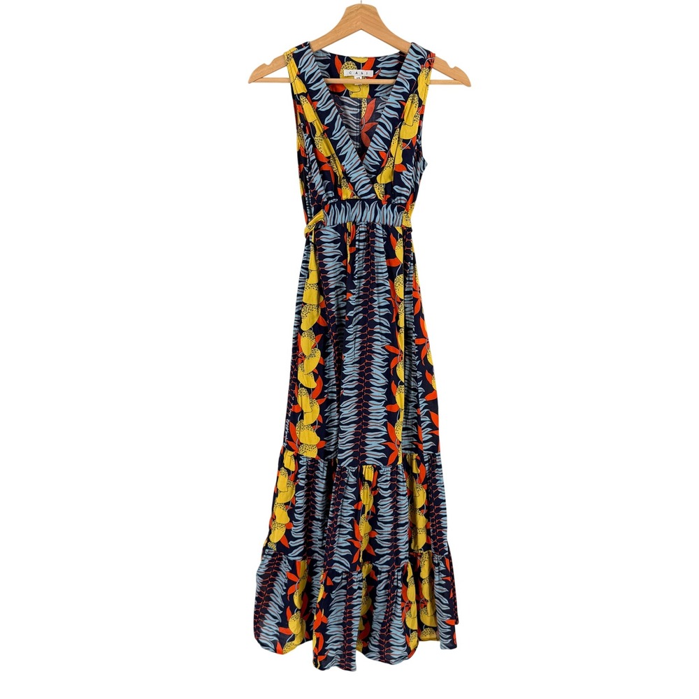 Cabi Lemon Maxi Dress Blue Yellow XS Floral Tropical Summer Sleeveless